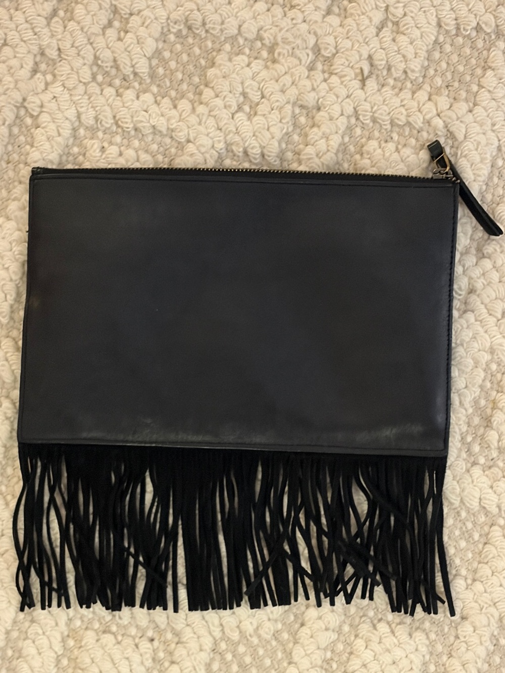 Black  Leather Zip clutch: black with Velvet and Fringe